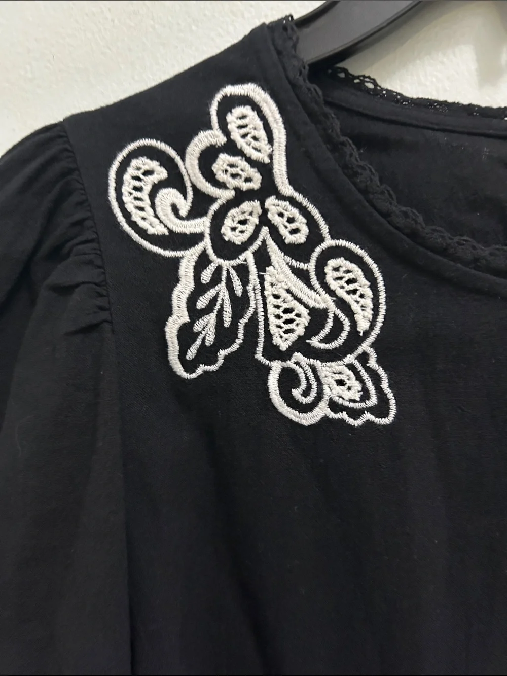 Zara Black Blouse with White Floral Embroidery